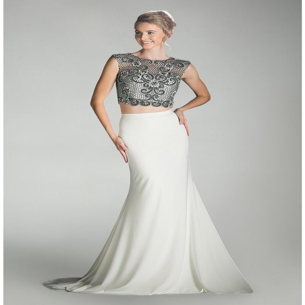 LONG TWO PIECE IVORY DRESS BY CINDERELLA DIVINE J755